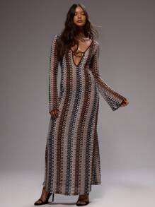 MUSERA 女士长款针织连衣裙，纹理图案，长袖镂空修身设计，优雅春夏沙滩泳装婚礼宾客伊比沙岛节日度假条纹款 - 彩色 - 查看 4