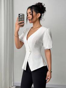 SHEIN Unity Women's New V-Neck Waisted Fitted Split Hem Short Sleeve Casual Elegant Linen Solid Color Shirt, Spring & Summer - White - View 4