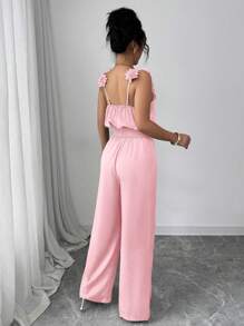 Elenzga 全新纯色 3D 刺绣花卉连体裤，宽松休闲度假装，适合春夏季 - 粉色 - 查看 2