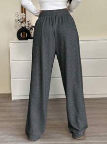 SHEIN EZwear Pantalones de chándal sueltos de unicolor con cordón en la cintura para mujer