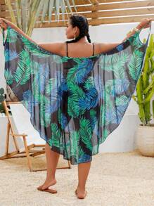 Swim Lushoire Coprispalle da spiaggia in stile kimono da donna taglie forti, con stampa di foglie tropicali e motivo casual, con spalline sottili e schiena scoperta, adatto per vacanze