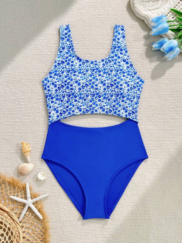 WESTFADE Young Tween Girl Floral Print Hollow Out One-Piece Swimsuit, Suitable For Beach And Vacation In Summer, Swimming Suits For Teens One Piece