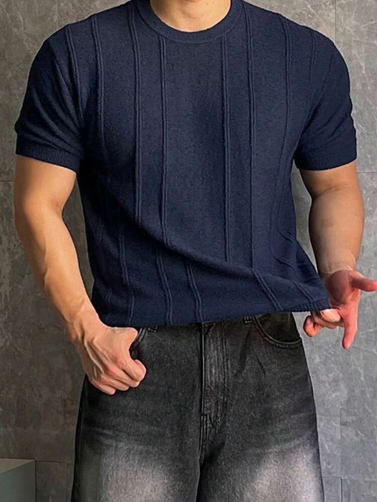 Men's Solid Navy Blue Textured Ribbed Knit Sweater, Summer