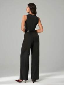 SHEIN Tall Bộ đồ liền thân ống rộng xếp ly màu đen cho nữ kèm thắt lưng, phong cách thường ngày, phong cách quý tộc, phong cách công sở - màu đen - Xem 3