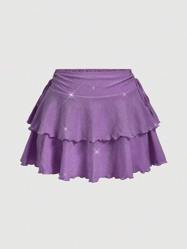 SHEIN MOD Plus Size Women's Purple Glitter Ruffle Hem Low Waist Midi Skirt