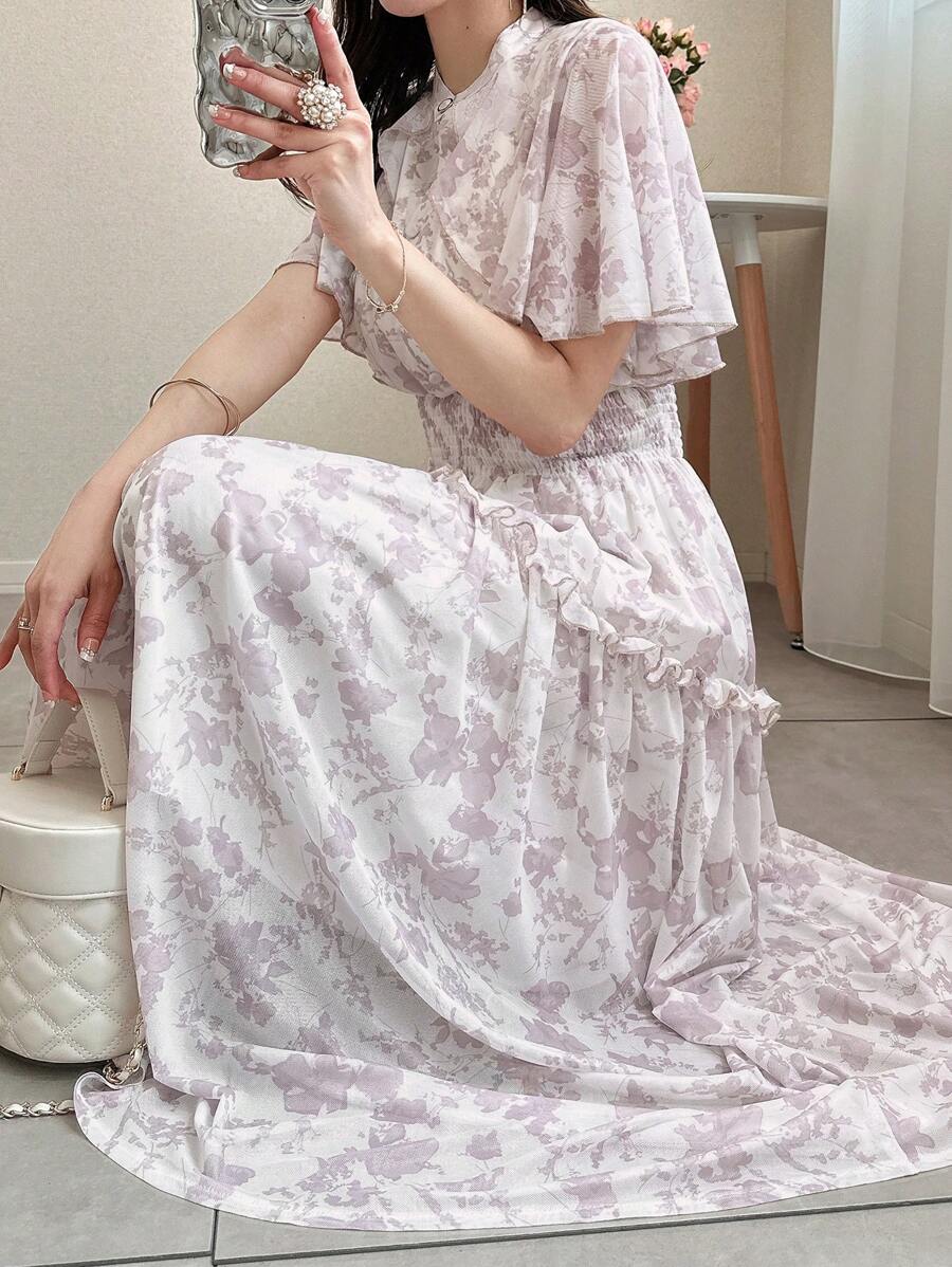 FRIFUL 女士长款碎花连衣裙,带披肩,夏季约会和赴约穿着舒适优雅,褶边 - 粉色 - 查看 1