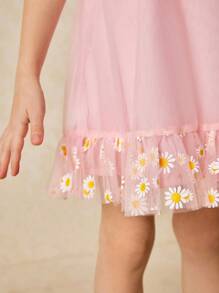 SHEIN Young Girls Elegant Pink Mesh Dress, Spring/Summer - Pink - View 3