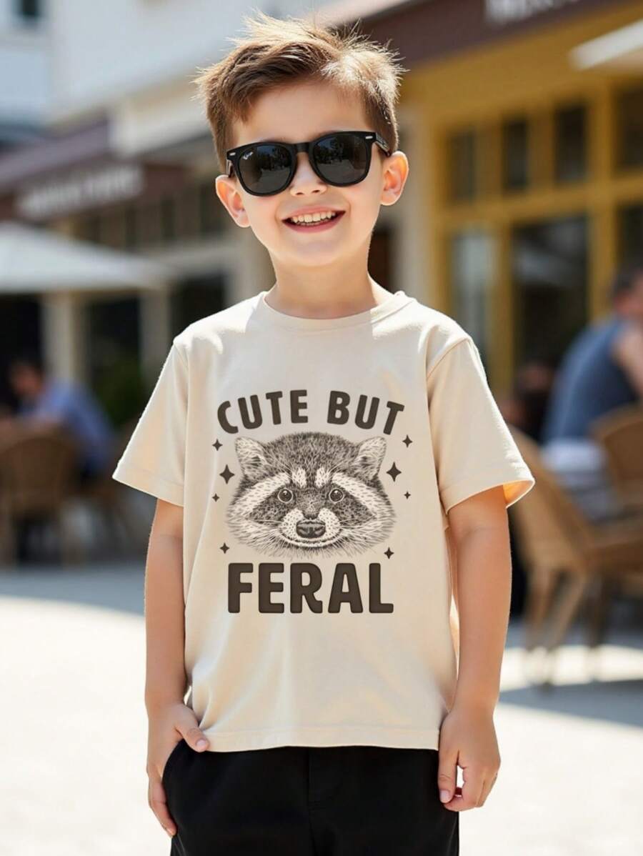 SHEIN Áo thun tay ngắn cổ tròn in chữ và động vật cho bé trai - Màu be - Xem 1