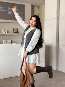 Rivivi 女士大码单排扣口袋休闲牛仔背心