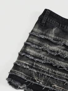 ROMWE Grunge Punk Váy mini denim Kpop họa tiết thêu nhiều lớp, tua rua, chắp vá, cỡ lớn Y2K - màu đen - Xem 3