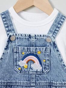 Baby Girls Denim Overalls With Rainbow Star Embroidery, Loose Fit Comfortable Washed Denim Bib Pants - Medium Wash - View 10