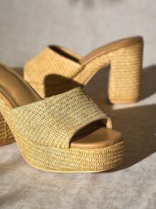 SHUZIA Sandale de damă retro cu platformă texturată din rafie, cu vârf deschis, cu toc - Bej - Vizualizare 5