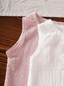 SHEIN 4 件套女婴春夏蝴蝶结装饰无袖上衣和短裤套装，舒适、优质面料、时尚、适合休闲场合 - 彩色 - 查看 5