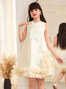SHEIN Tween Girls Elegant Fitted Handmade Beaded 3D Floral Mesh Organza A-Line Sleeveless Dress, Loose Fit Woven Plain Fabric, Suitable For Wedding, Party, Birthday, Apricot & Champagne Colors