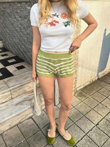 SHEIN Forever 21 Women's Casual Green Mini Knit Sweater Shorts, Rib-Knit Detailing, Comfortable And Stylish - Green - View 3