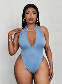 Maweii Plus Size Women's Solid Color Backless Halter Bodysuit & Cover Up Two Pieces Set - Blue - View 4
