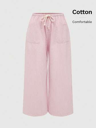 Pantalon droit à taille cordon casual rayé grande taille, convenant pour le port à la maison