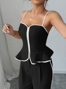 Elenzga 2pcs/Set Women Elegant Trim Contrast Color Cami Top And Long Pants - Multicolor - View 4