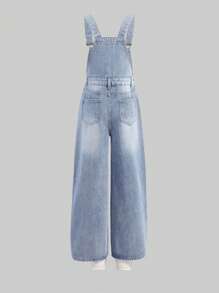 SHEIN Girlism Tween Girls' Solid Color Casual Denim Bib Overall With Pockets