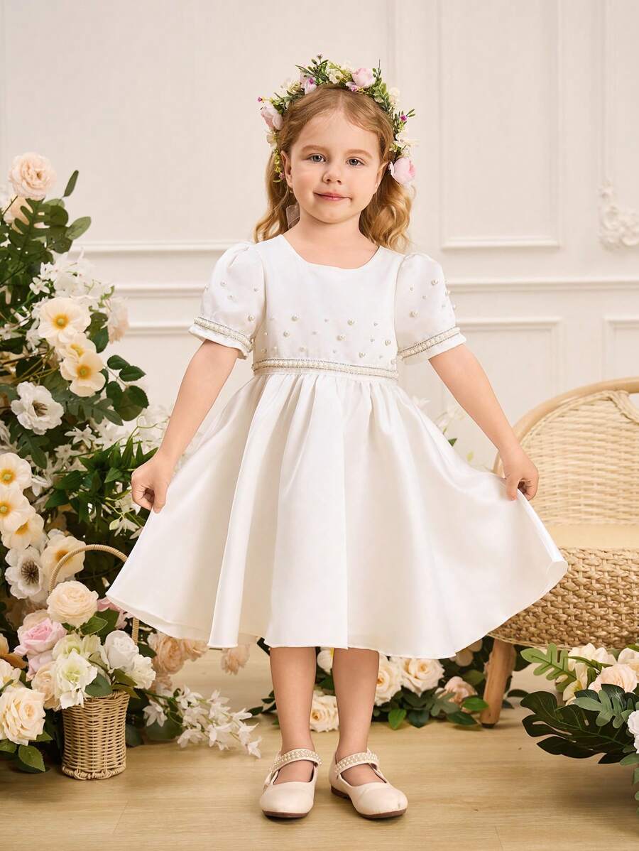 SHEIN Glamorique Kids Young Girl White Pearl Decor Round Neck Short Puff Sleeve Mini Dress, Ideal For Wedding Season Young Girls Clothing Dresses Young Girl Dress Formal - White - View 1