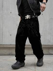 Manfinity EMRG Men's Frayed Hem Loose Relaxed Fit Versatile Wide Leg Jeans - Black - View 6