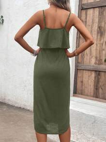 SHEIN LUNE 女士纯色荷叶边下摆侧开衩吊带背心连衣裙 - 軍綠色 - 查看 2