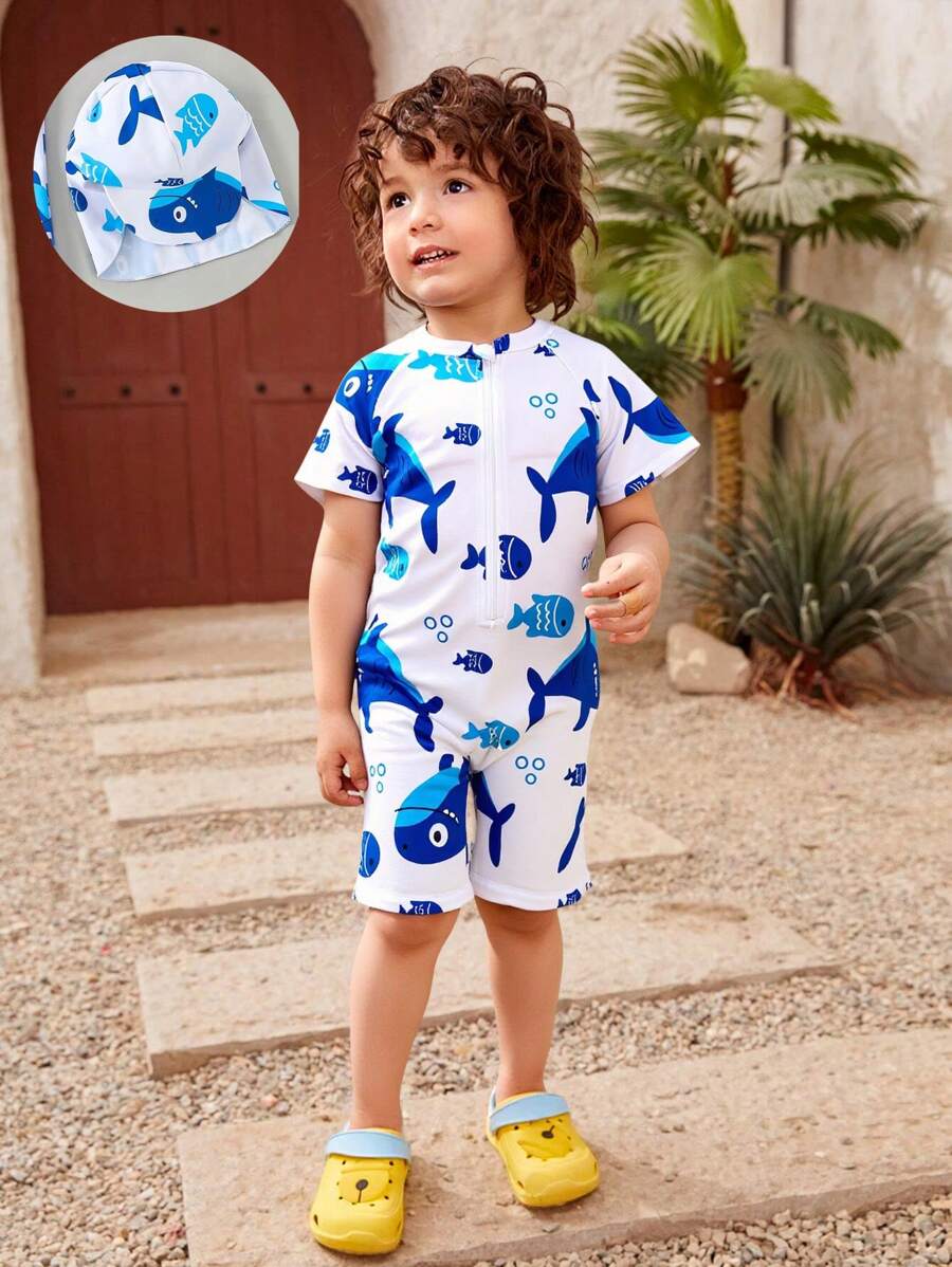 Fish Printed One-Piece Boy's Swimwear - Multicolor - View 1