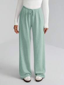 SHEIN Tall Women's Solid Color Drawstring Waist Soft Knit Loose Casual Pants, Fall/Winter , Baggy Pants - Green - View 7