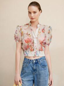 Aveloria Rosie Blusa corta de mujer con escote en V, manga corta y efecto transparente con diseño floral 3D