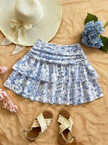 Soleia High Waisted Layered Floral Mini Skirt, Suitable For Spring/Summer Vacation, Garden Party, Dating, Afternoon Tea, Holiday, Music Festival, Bohemian Style