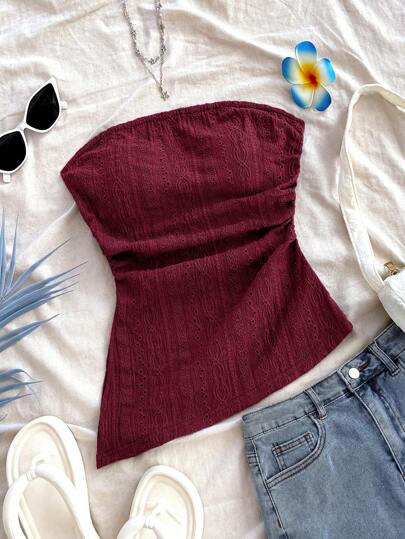 Soleia 女士度假无袖不对称下摆褶皱紧身上衣，纹理勃艮第色，侧开衩设计，修身剪裁，适合派对、浪漫、约会、下午茶、城市度假