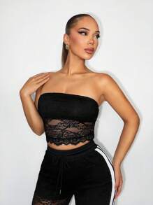 BamGleam Top ajustado de estilo corsé con parches de encaje floral para mujer