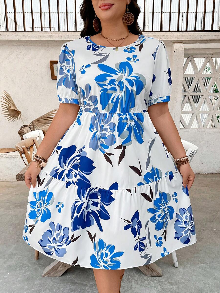 SHEIN Clasi Plus Size Floral Print Ruffle Hem Short Sleeve Dress - Multicolor - View 1