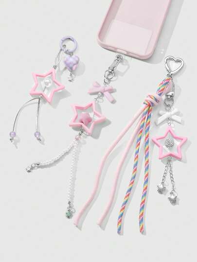 Kawaii 3 أجزاء من طقم دبابيس المفاتيح على طريقة فتاة حلوة مصنوعة يدويًا، مع خرز أنيق بشكل نجمة وردية بيضاء مزخرفة واشرطة جلدية على شكل عقدة وقلب ومربع، اكسسوارات DIY مثالية كهدية للأخوات وأفضل الأصدقاء لاستخدام يومي وللمناسبات