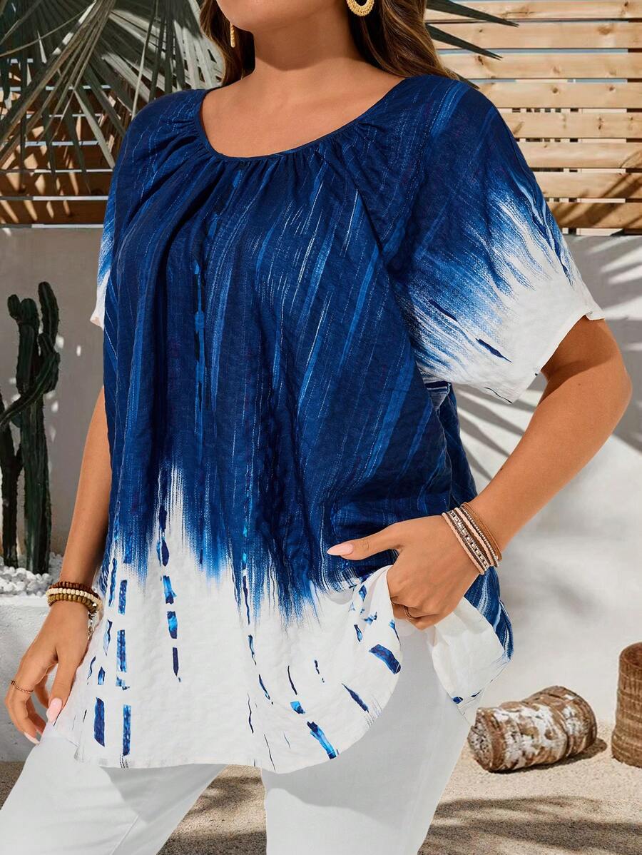 EMERY ROSE Plus Size Tie-Dye Print Short Sleeve T-Shirt, Casual Vacation Wear - Multicolor - View 1