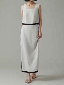 EMERY ROSE 2pcs Women Casual Contrast Color Square Collar Sleeveless Shirt & Mini Skirt Set - Khaki - View 6