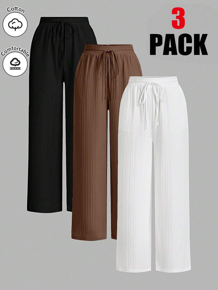 SHEIN Essnce 3条装夏季裤子女士纯色腰系带阔腿宽松休闲裤 - 彩色 - 查看 1