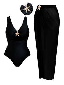 Swim Oasis 全新加大码女式黑色连体镂空胸海星装饰修身高腰三角形宽肩带圆领长款开叉裙式泳衣带罩衫，两件套假日泳装 - 黑色 - 查看 1