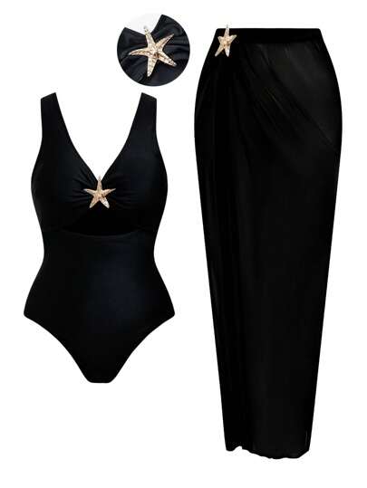 Swim Oasis New Plus Size Women's Black One-Piece Hollow Out Chest Starfish Decor Fitted High Waisted Triangle Wide Strap Round Neck Long Split Skirt Swimsuit With Cover Up, 2 Pieces Holiday Swimwear For Summer Beach Vacation