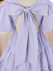 SHEIN Tween Girl Woven Solid Ruched Puff Sleeve Back Bow Decor Spliced Hem A-Line Dress, Party, Ladylike, French Elegant, Princess, Suitable For Spring Outing, Birthday Party, Flower Girl Dress - Mauve Purple - View 4