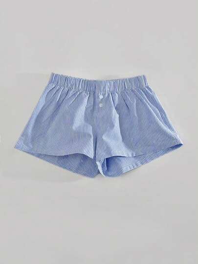 SHEIN Tween 女童编织条纹印花纽扣装饰宽松休闲短裤，休闲运动