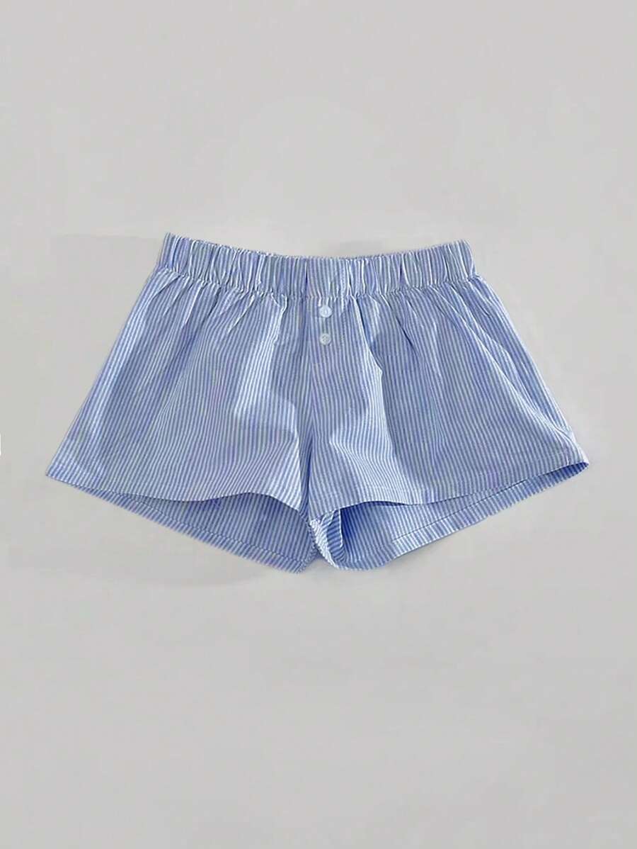 SHEIN Tween 女童编织条纹印花纽扣装饰宽松休闲短裤，休闲运动 - 寶藍色 - 查看 1