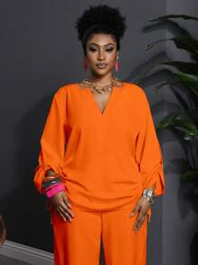 Slaydiva 2pcs Plus Size Casual Solid Color Notched Collar Long Sleeve & Pants Set, Western Wear For Women