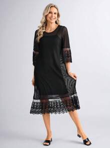 Miaspire Conjunto de 2 piezas de vestido de longitud media de encaje negro, adecuado para festivales de música en primavera/verano - Negro - Ver 5