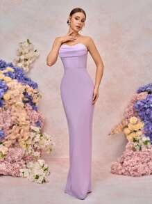 SHEIN Belle 优雅紫色简约设计吊带开叉领合身及地长开叉露背伴娘礼服 - 淡紫色 - 查看 7