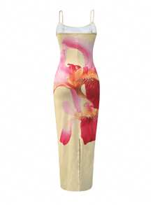 SHEIN VCAY Women's Floral Print Maxi Camisole Dress, Elegant & Figure-Flattering - Light Yellow - View 2