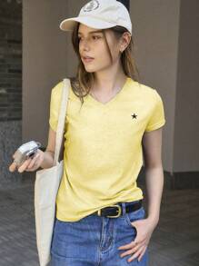Jouncy Maglietta casual versatile da donna con stampa a pentagramma, scollo a V e maniche corte, top color giallo burro