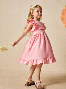 SHEIN Vestido holgado con volantes en el bajo, color rosa elegante, para niñas, primavera/verano