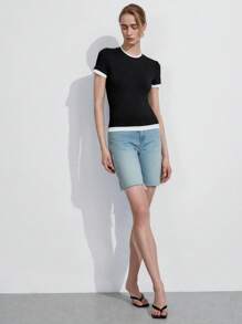 Lumivelle Women's Contrast Color Trim V-Neck Short Sleeve T-Shirt, Casual Summer Tee