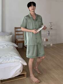 DAZY Conjunto de pijama de verano para hombres con estampado de letras en verde